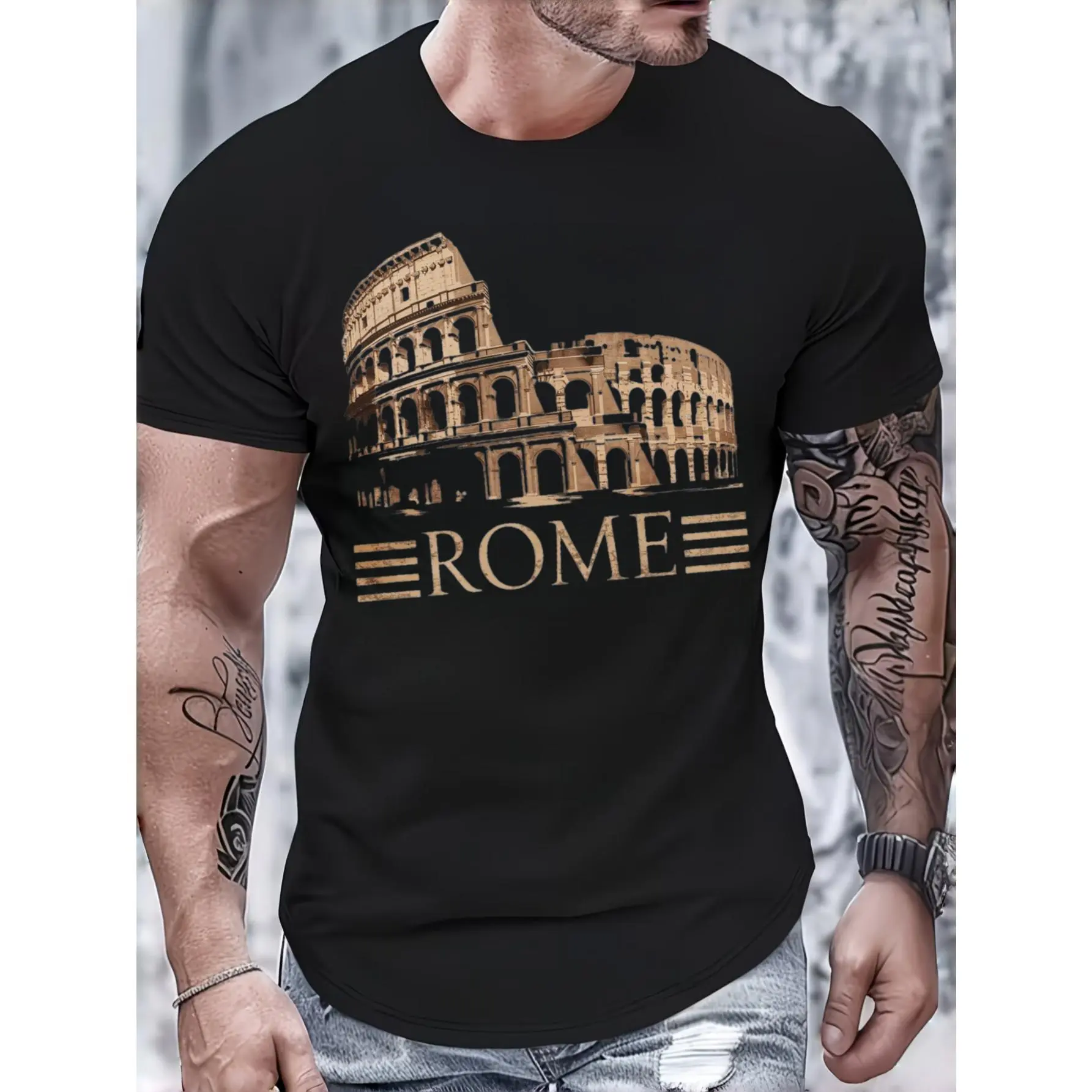 Men's Vintage Rome Colosseum Graphic-Print Short-Sleeve Top - Fashion Menswear, Summer Casual Matching Apparel, Party Gift for Travel Enthusiasts