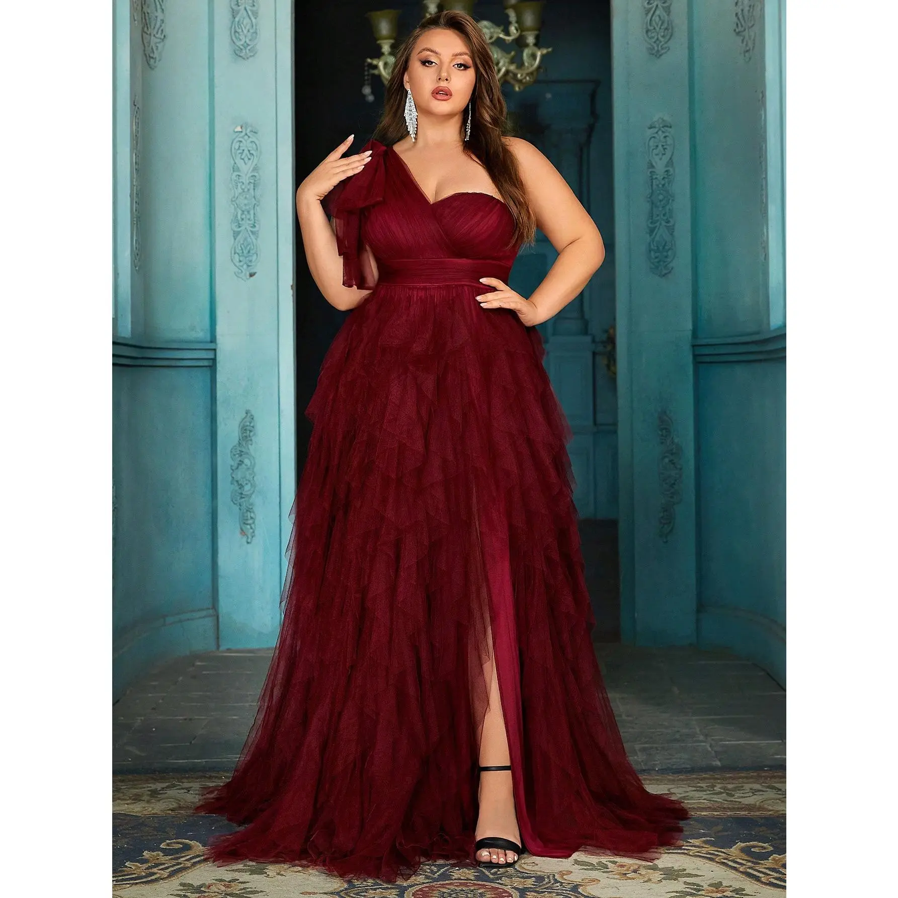 Plus-Size Women's Asymmetrical Bow Single Shoulder Tiered Tulle Maxi Gown, Side High Slit Flowy Formal Dress For Anniversary & Wedding Banquets