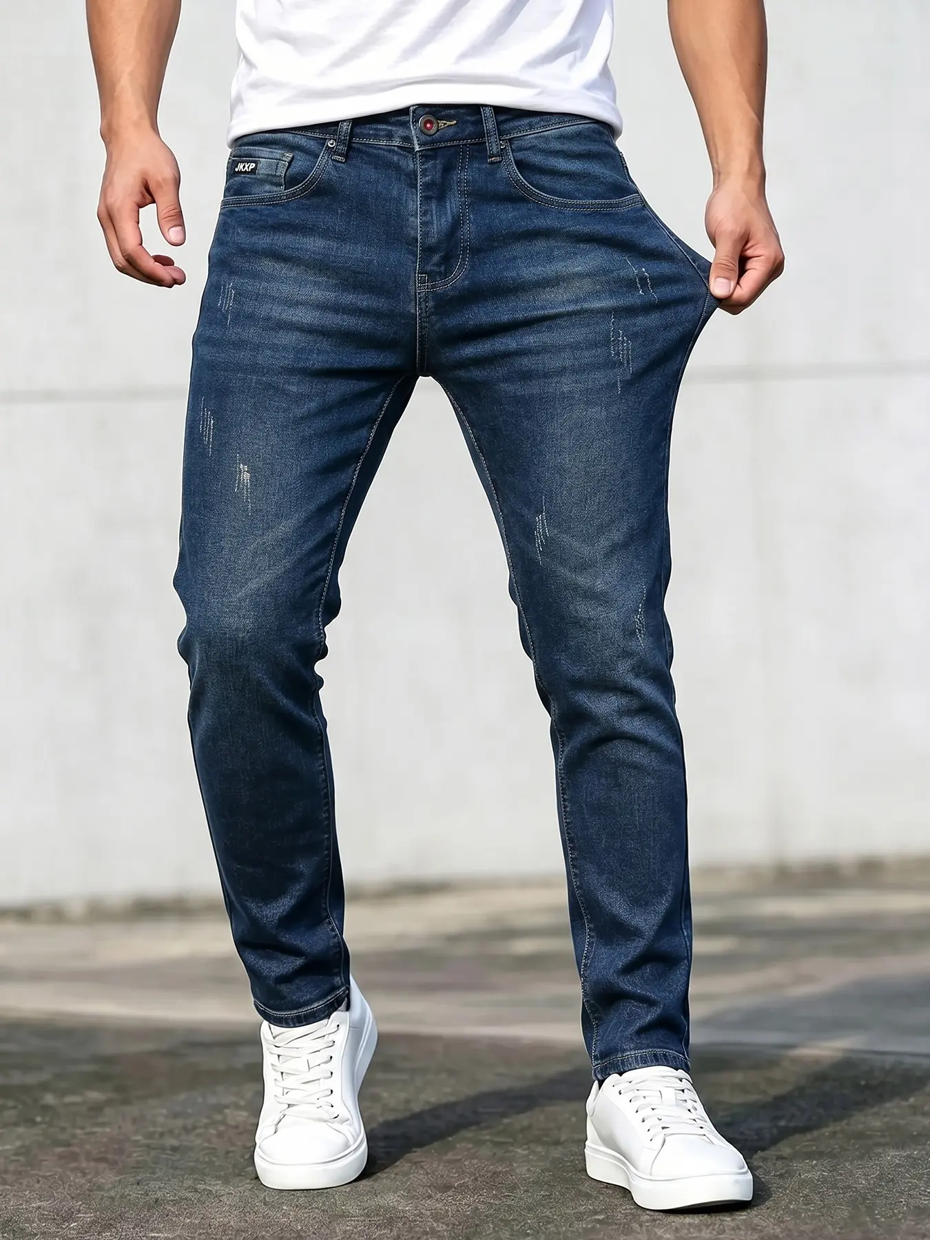Men's Dark Blue Stretch Slim Fit Denim Jeans, Plain Denim Pants, All Season Urban Streetwear Fashion Casual Pants, Comfortable Daily Wear, Gift for Boyfriend and Husband