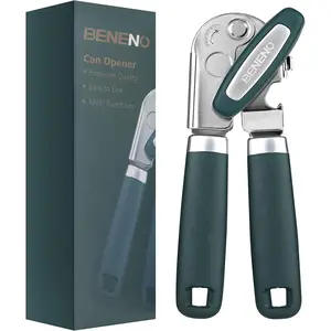 Beneno Heavy Duty Hand Can Opener Manual with Magnet, Durable Sharp Carbon Steel Blade Smooth Cutting, Big Effort-Saving Knob & Soft Grip Handle, Multifunctional Kitchen Tool with Bottle Opener, GreenGift