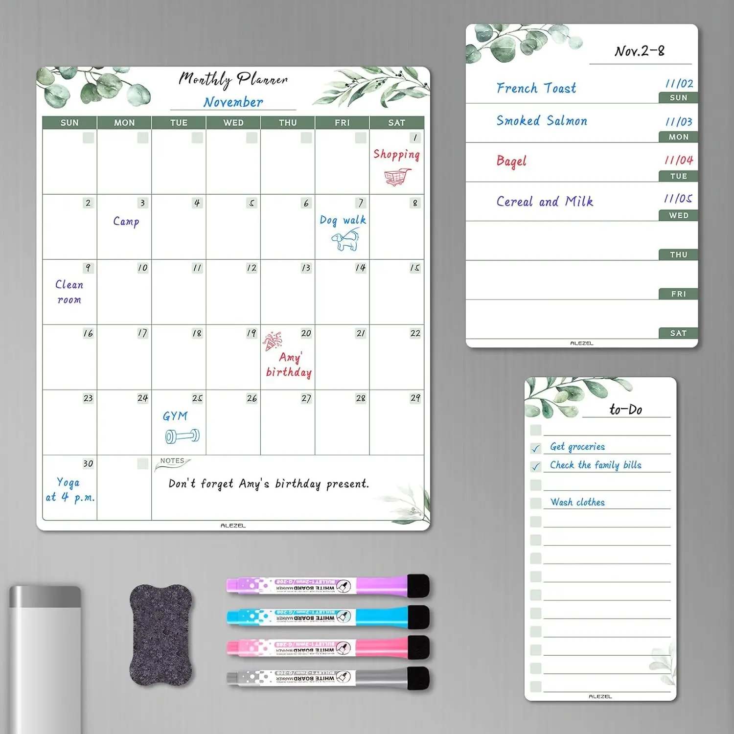 Dry Erase Magnetic Fridge Calendar, Greenery White Board Calendar - Includes Vertical Magnetic Monthly Planner Whiteboard, Weekly Dry Erase Board, List Board with 4 Markers + Eraser