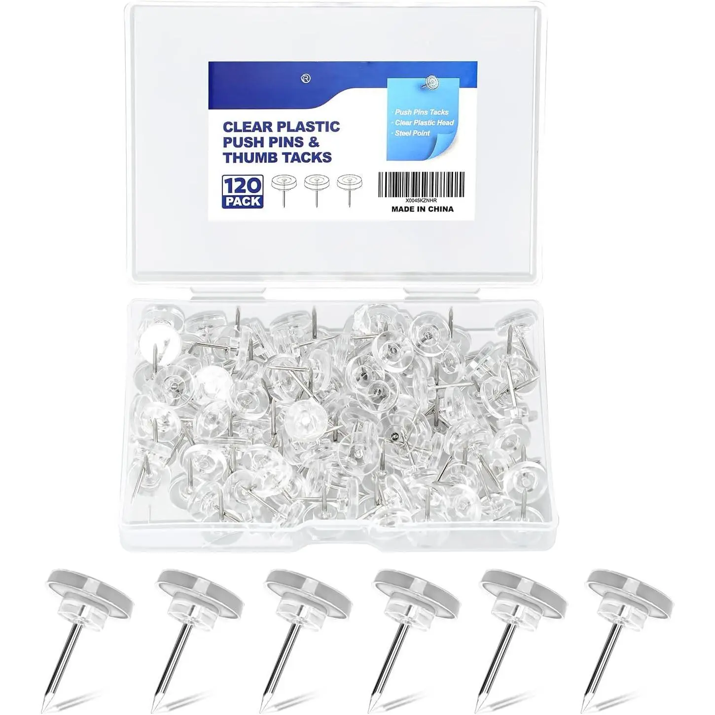 120 Count Clear Push Pin Tacks,  Thumb Tacks Steel Point and Plastic Flat  for Photo Wall, Bulletin Board,  Office Use