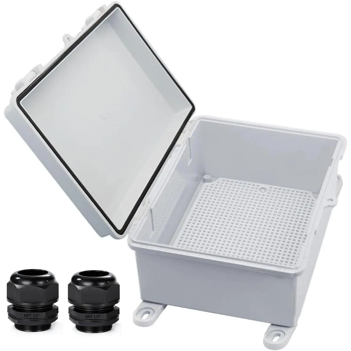 Waterproof Outdoor Electrical Junction Box - IP67 Weatherproof ABS Plastic Enclosure with Mounting Plate, Wall Bracket, 2 Cable Glands - Grey 8.7x6.7x4.3 Inches for Switch, Router, Project