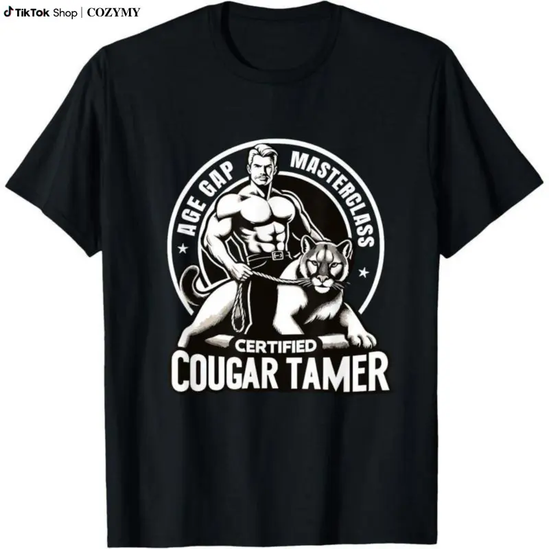 Men's Unisex Crew Neck (Round Neck) T-Shirt - Funny 'Cougar Tamer' Vivid Print, Fitted Lightweight Breathable Cotton Short-Sleeve Top, Casual Summer Streetwear, Halloween, S, 3XL, 4XL, 5XL