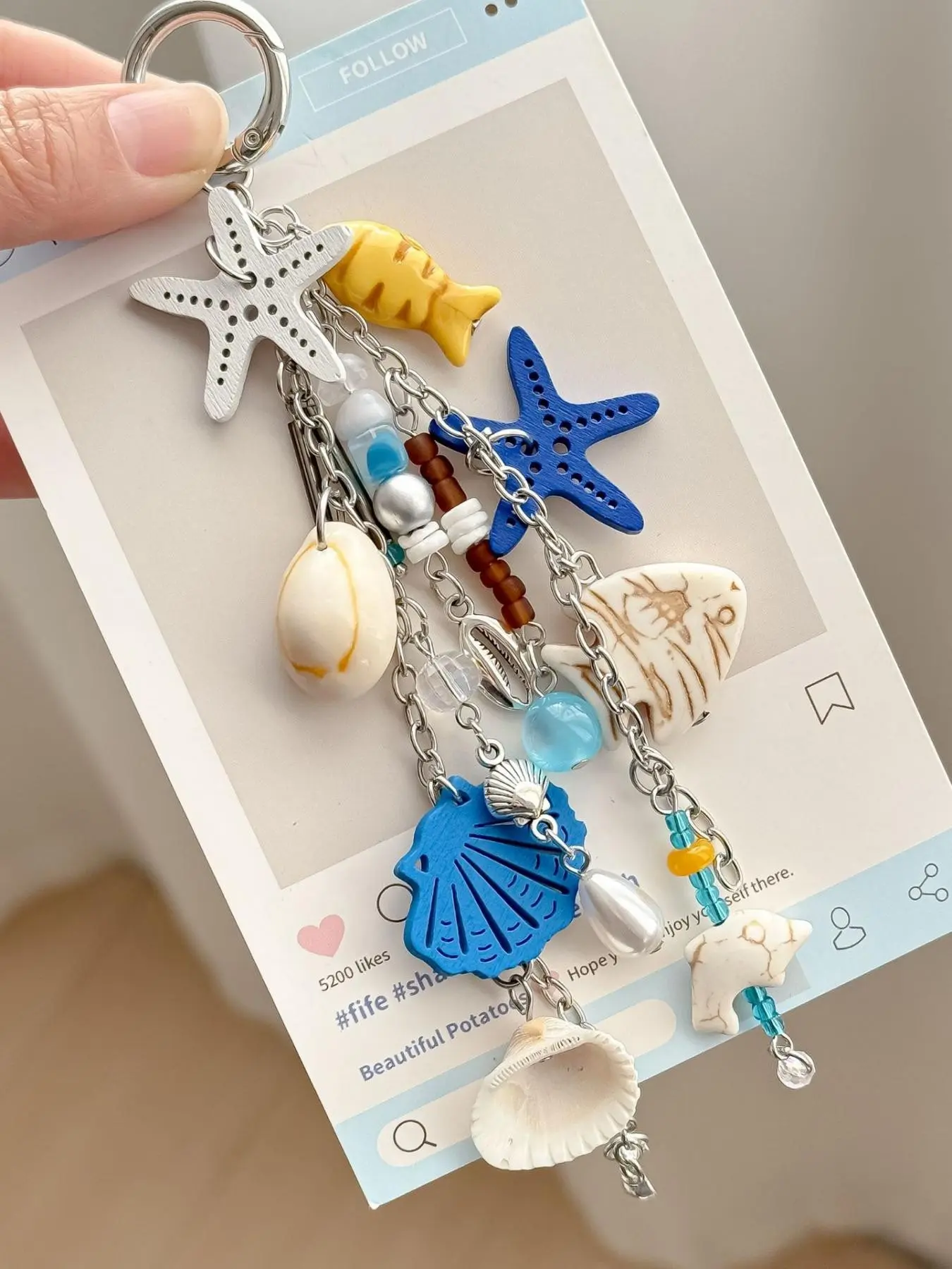 Ocean starfish shell keychain, handmade beaded bag charm, summer beach nautical pendant, fish conch ornament, backpack accessories, car key charm, holiday gift for women girls, Girly keychain