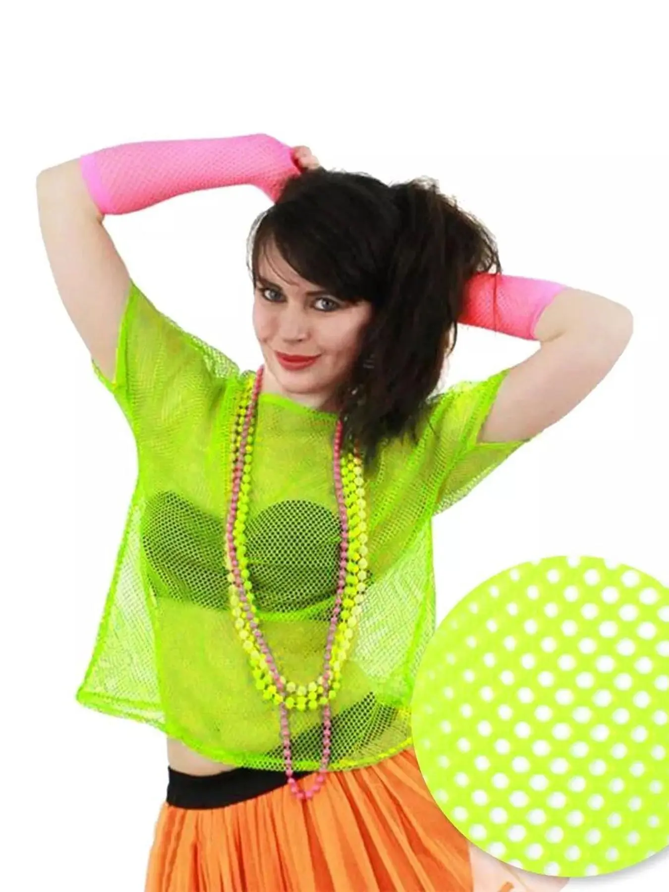 80s Vintage Fluorescent Fishnet T-Shirt Mesh See-Through Top Party Ball Carnival Dress Up