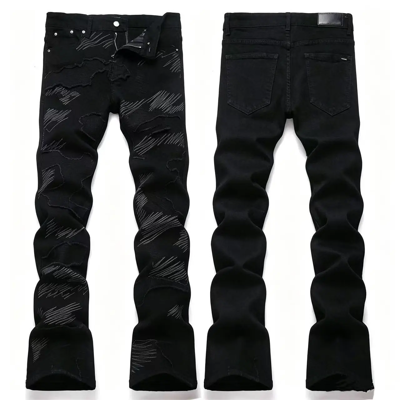 Men's High Cotton Slim Fit Stacked Bootcut Jeans, Vintage Black Wash Textured Contrast Stitch Denim Pants for Hip Hop Streetwear Night Out Daily Wear