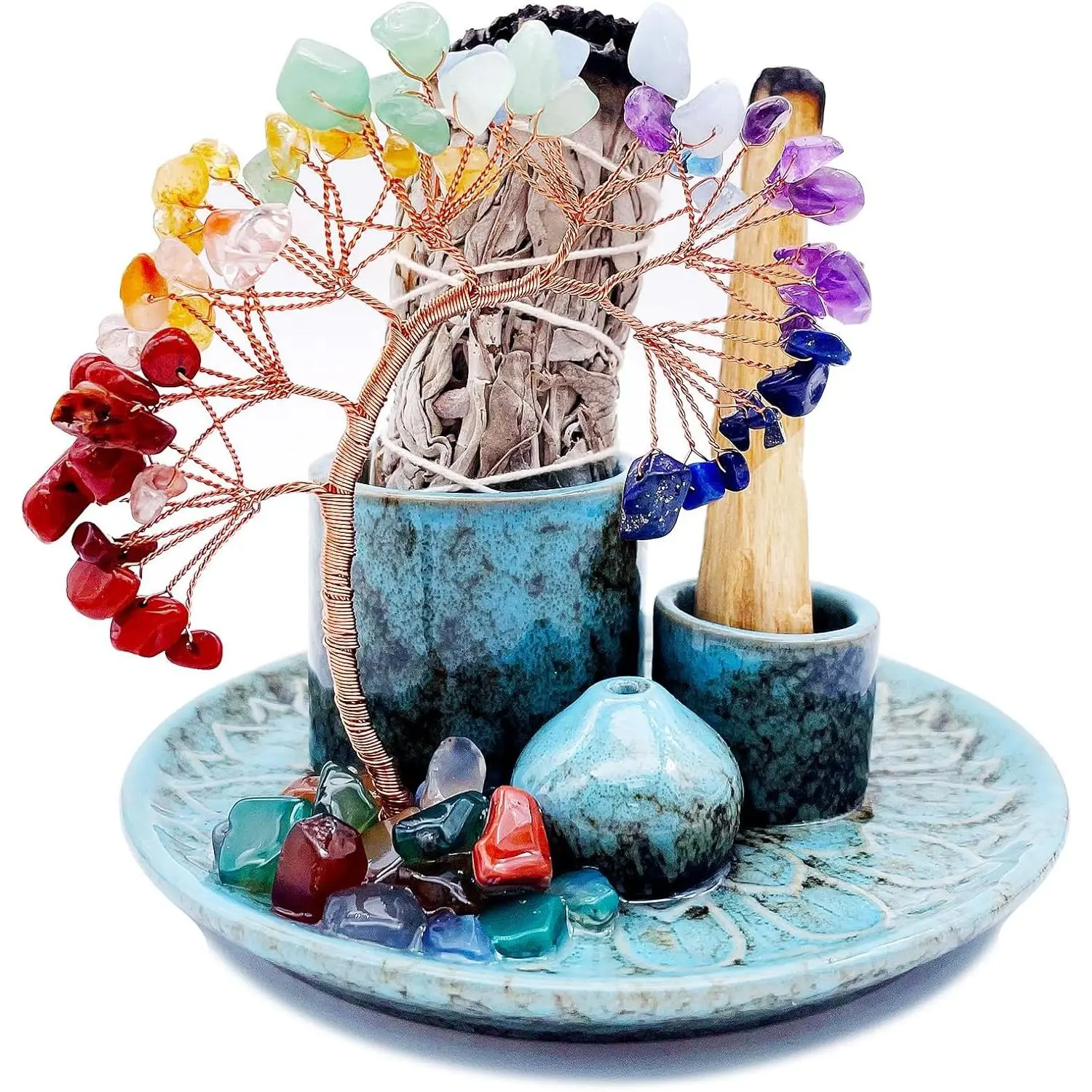 5-in-1 Incense Burner Holder with Crystal Healing Tree, Palo Santo & Sage Holders, Ceramic Ash Catcher Tray for Sticks, Cones & Candles, Meditation GiftGift