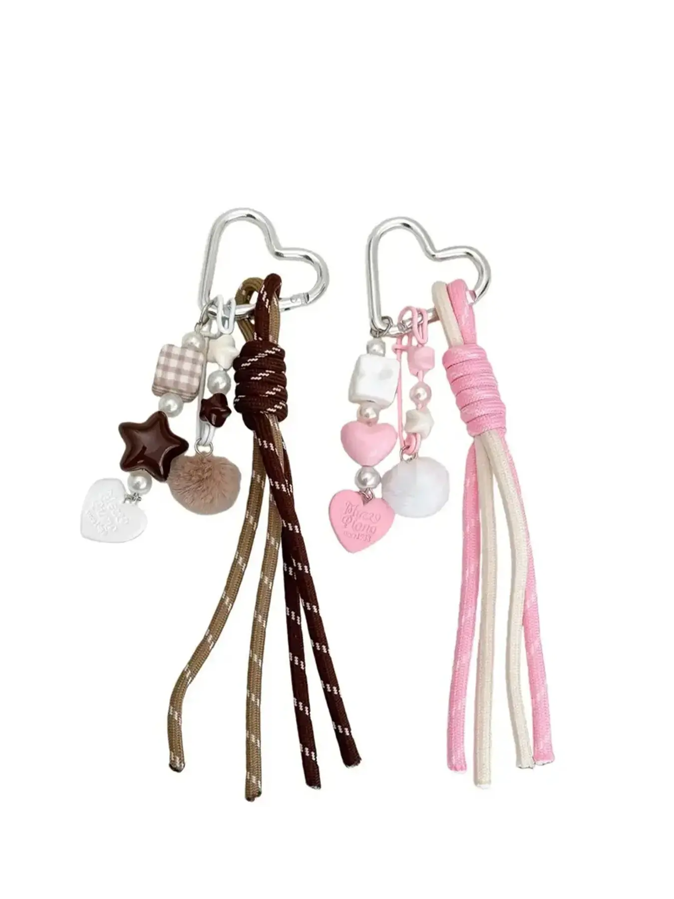 The hollow heart shaped carabiner, Heart handle keychains, serves as the standout structural highlight, paired with star/heart resin beads, simulated pearl accents and fluffy pom-pom ornaments, pastel pink, latte brown colorways cover mainstream teen girl