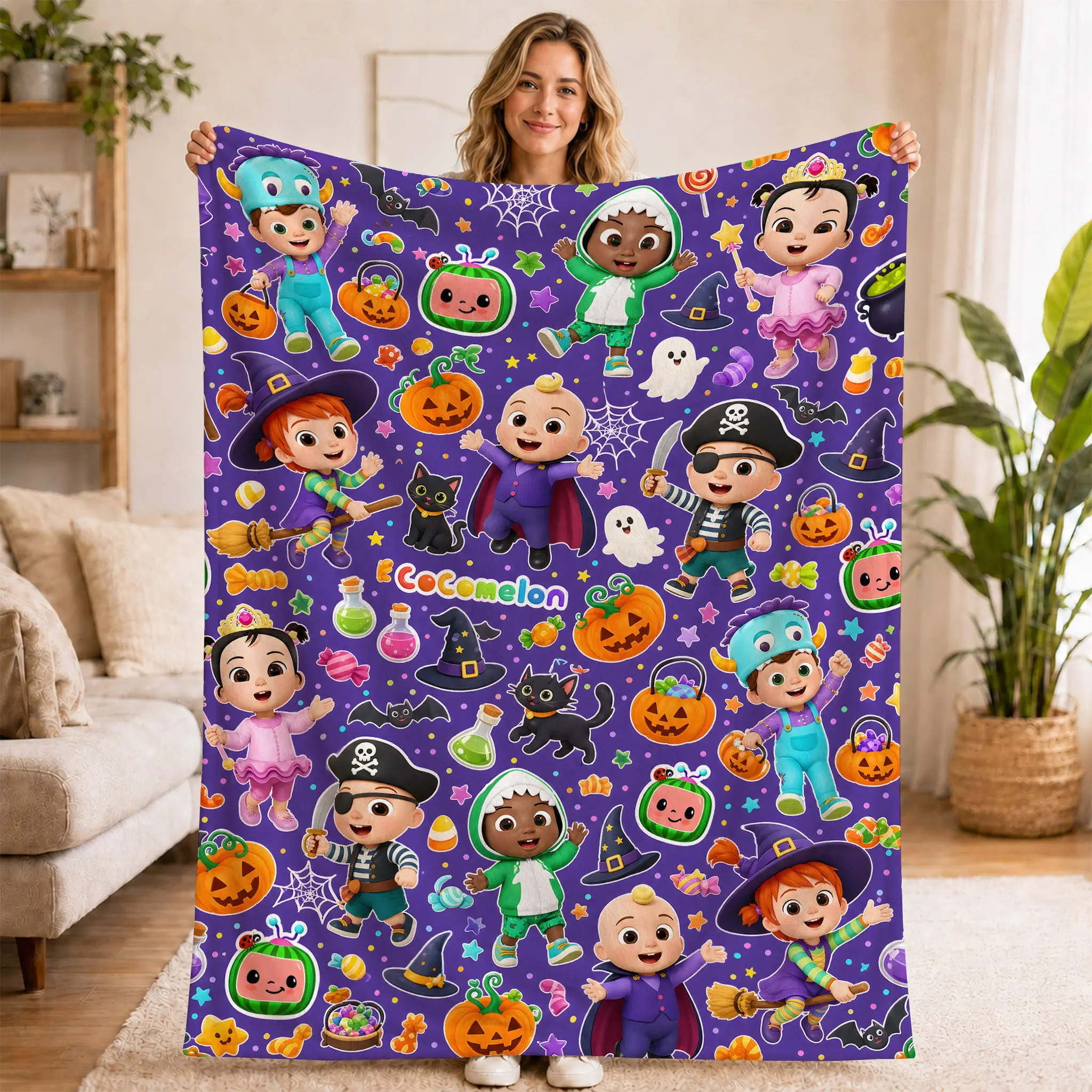 Cocomelon Halloween Flannel Fleece Blanket, Jj Spooky Pumpkin Pattern, Ultra-Soft Warm Throw, Couch Bed Living Room Blanket