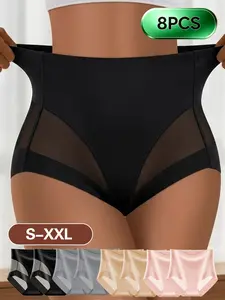 8pcs High-Waisted Women's Triangle Panties, Seamless Mesh Comfortable Elegant Slim-Fit Control Underwear, Perfect for Curvy Women and Special Occasions