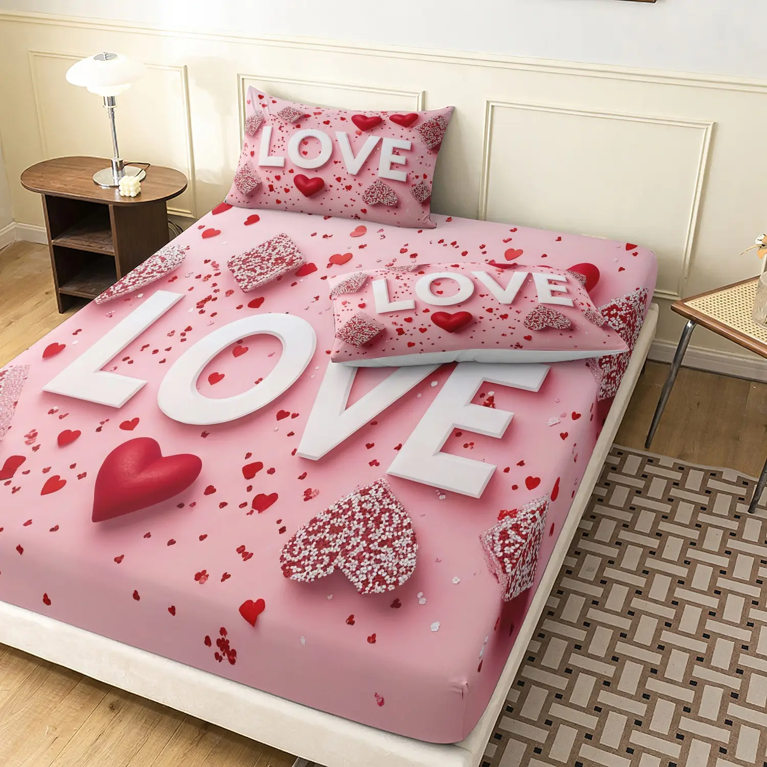 Pink LOVE Letter Red Heart Confetti 3 Pieces Fitted Sheet Set, Romantic Valentine Heart Print Bedding, Soft Microfiber Couple Bedroom Decor (1 Fitted Sheet + 2 Pillowcases, No Pillo