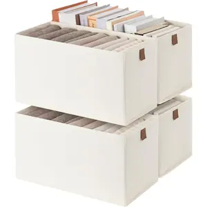Small Storage Bins, Fabric Storage Bins, Narrow Baskets for Shelves with PU Handle, Perfect for Clothes, Towels, and Light Blankets, Beige, 4-Pack