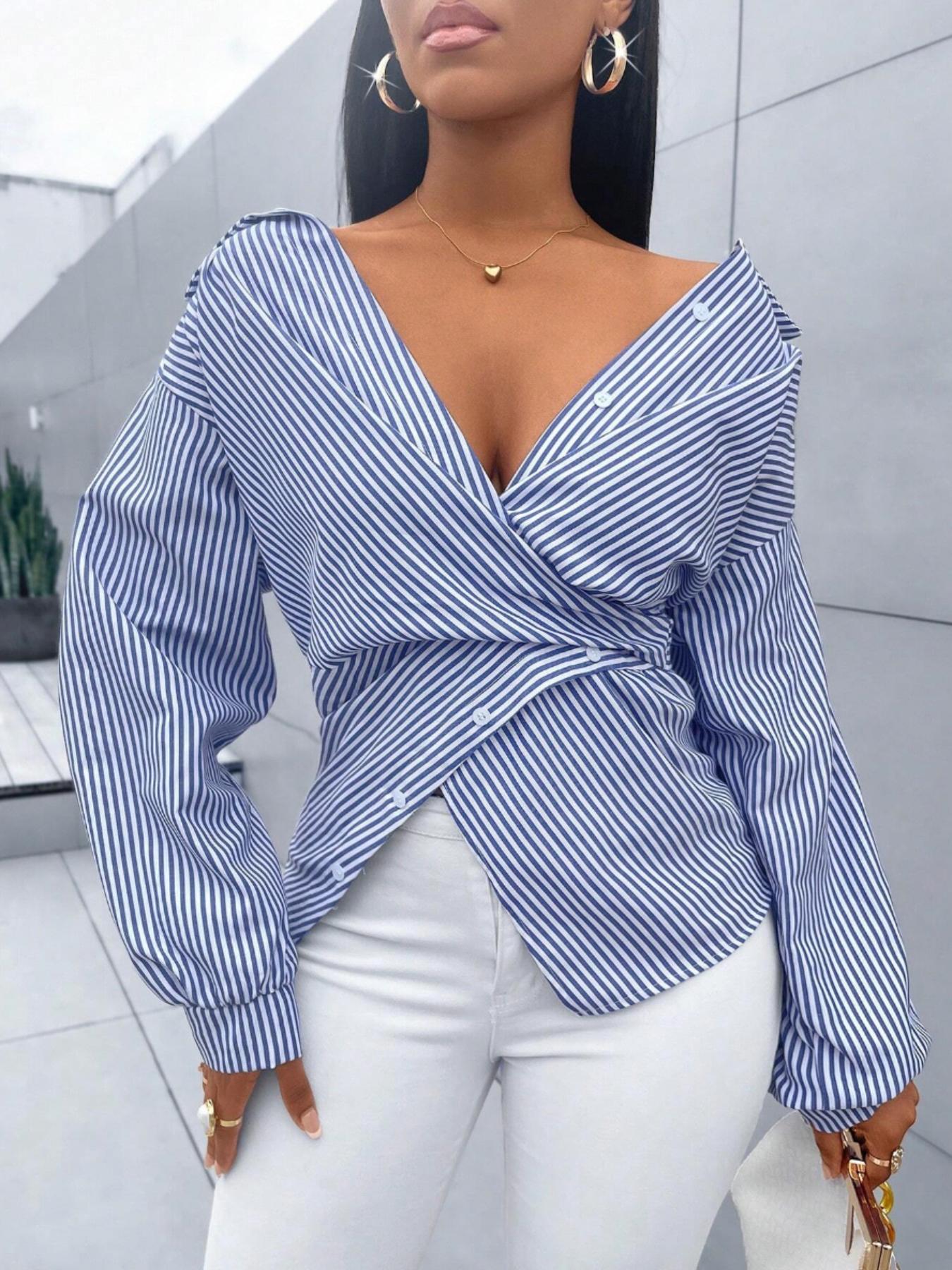 Women's Striped Print Button Front Collared Casual Shirt, Button Down Shirt,Asymmetrical Hem ,Wrap Blouse,Long Sleeve,Fitted,Elegant,Daily Commuting,Going Our,All Season