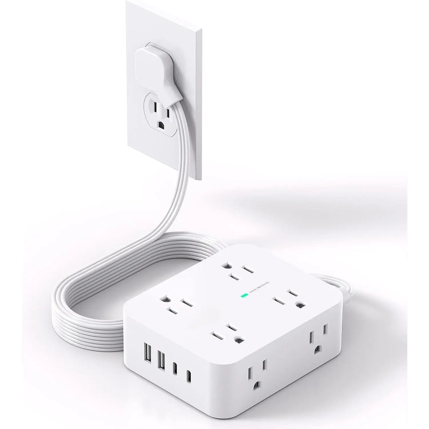 Surge Protector Power Strip,Extension Cord with Multiple Outlets, 5 Ft Ultra Thin Flat Plug 8 Outlets 4 USB Ports(2USB C), 1080J Outlet Extender for Home Office College Dorm Room Essentials