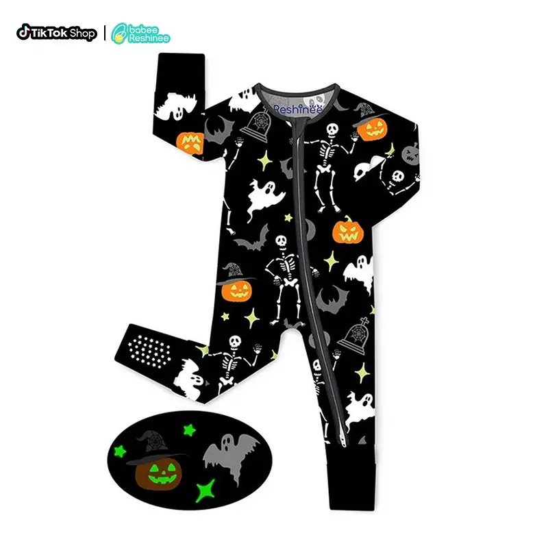 babee Reshinee Premium Soft Bamboo Baby Footie Pajama (0-24M) - Infant Baby Clothing Bodysuit, Halloween Animals Themed Zipper Sleep & Play Romper for Boys Girls, 2-Way Zipper, Fold-Over Mittens, Gripped Foot Cuffs, Tagless Convertible All-Season