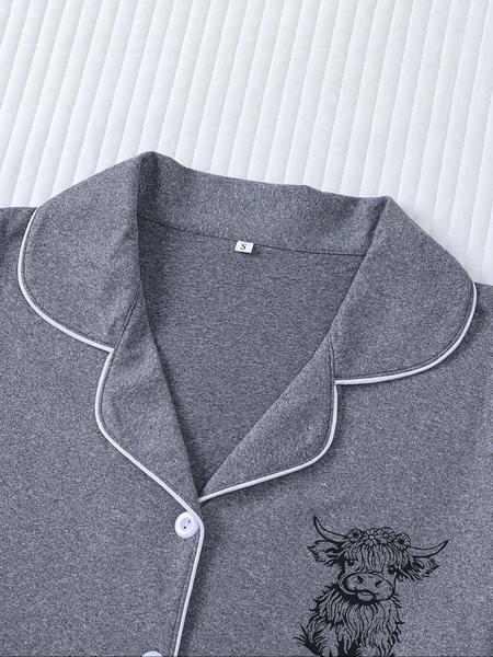 Cute Cow Print Women's Pajama Set, Comfortable Short Sleeve Button Shirt & Elastic Shorts, Casual Home Wear for All Seasons