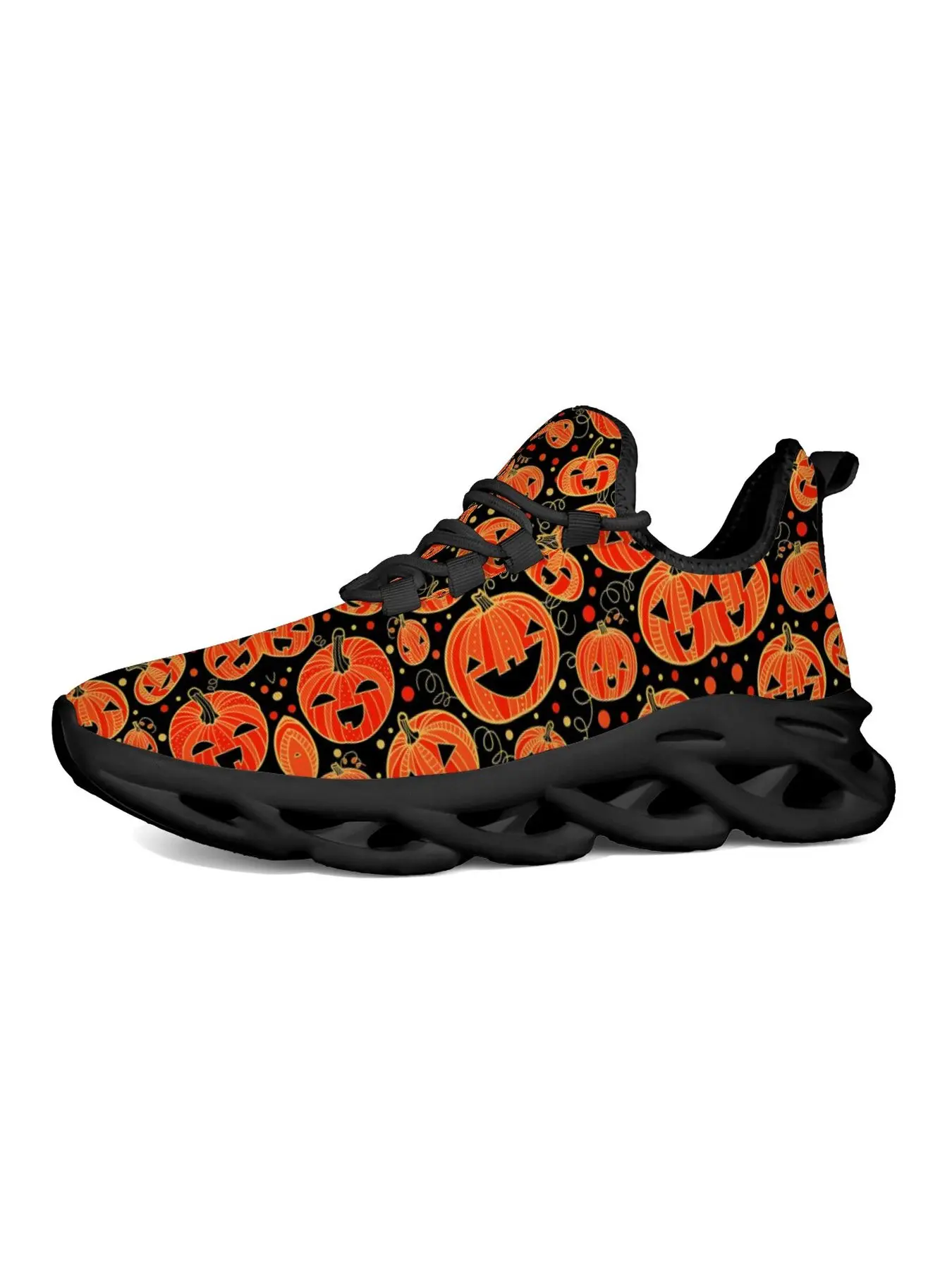 Halloween Jack O Lantern Pumpkin Print Blade Sneakers for Men Women, Black Background Cute Pumpkin Face Graphic Breathable Mesh Running Shoes Lightweight Hollow Sole Non Slip Casual Walking Athletic Trainers