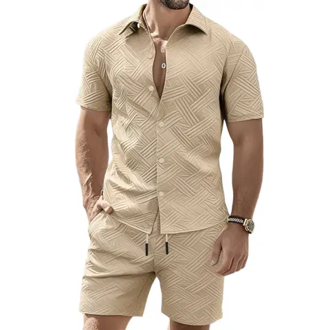 Men's 2-Piece Jacquard Weave Knit Set, Polyester Blouse/Shirt & Shorts, Casual Summer Athletic Outfit, Short-Sleeve, Elastane Spandex Stretch Fabric, Stripe, Machine Washable, Medium Elasticity