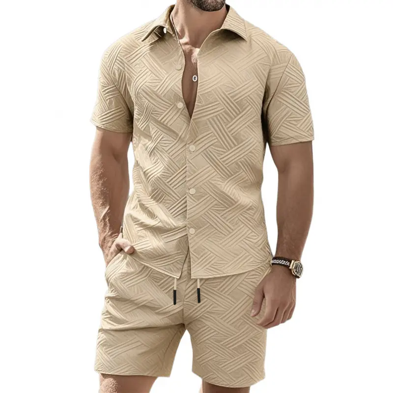 Men's Textured Jacquard Shirt and Shorts Set, Casual 2 Piece Summer Outfit with Spandex Stretch Fabric