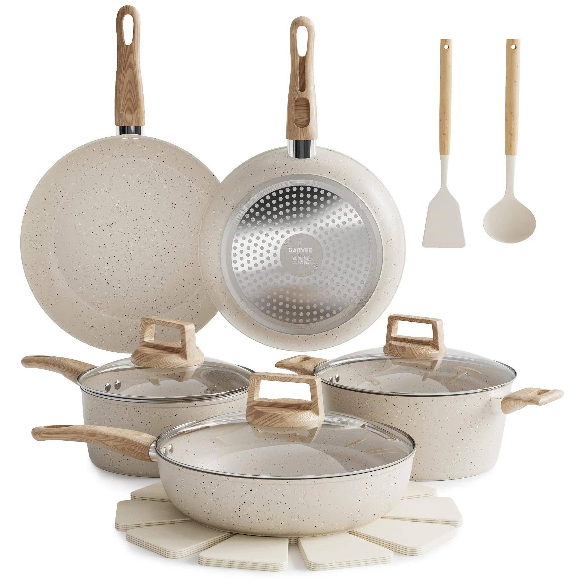 Garvee 14-Piece Thick Stackable Compact Aluminum Cookware Set for Couples - Fixed Wood-Effect Handles, Ceramic Coating, Glass Lids, Frying Pans, White