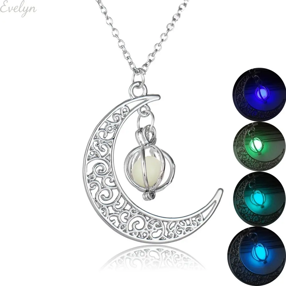 Women's Filigree Hollow Moon Crescent Glowing Pendant Necklace with Glow-In-The-Dark Tiny Ball, Dainty Silver Chain, Gothic Witchy Aesthetic Jewelry, Unisex Wear Gift for Halloween, Daily Dating