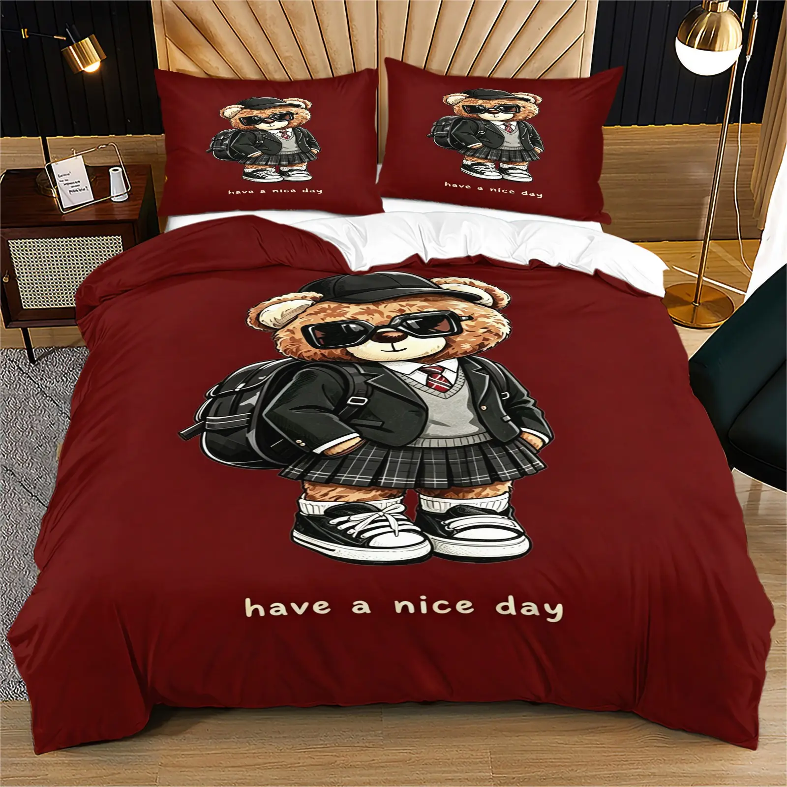 Cartoon cute teddy bear pattern Design soft and durable bedding duvet set, including 1 duvet cover and 1 or 2 pillowcases, without a core or pillow, suitable for children or adults as gifts, modern style fashionable bedroom bed decoration
