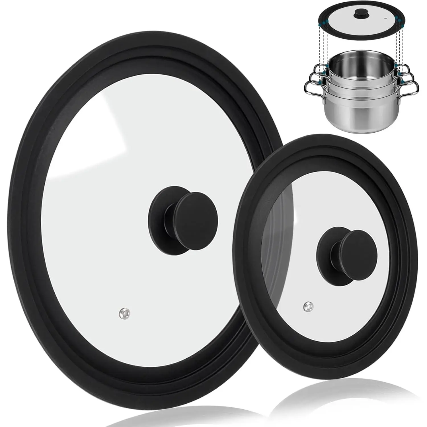 Universal Cookware Lid, 2 Pack Multi-Size Pan Cover Compatible with 7", 8", 9", 10", 11", 12" Diameter Pots and Skillets, Silicone Rim Tempered Glass Replacement Lid for Frying Pans, Cast Iron Cookware