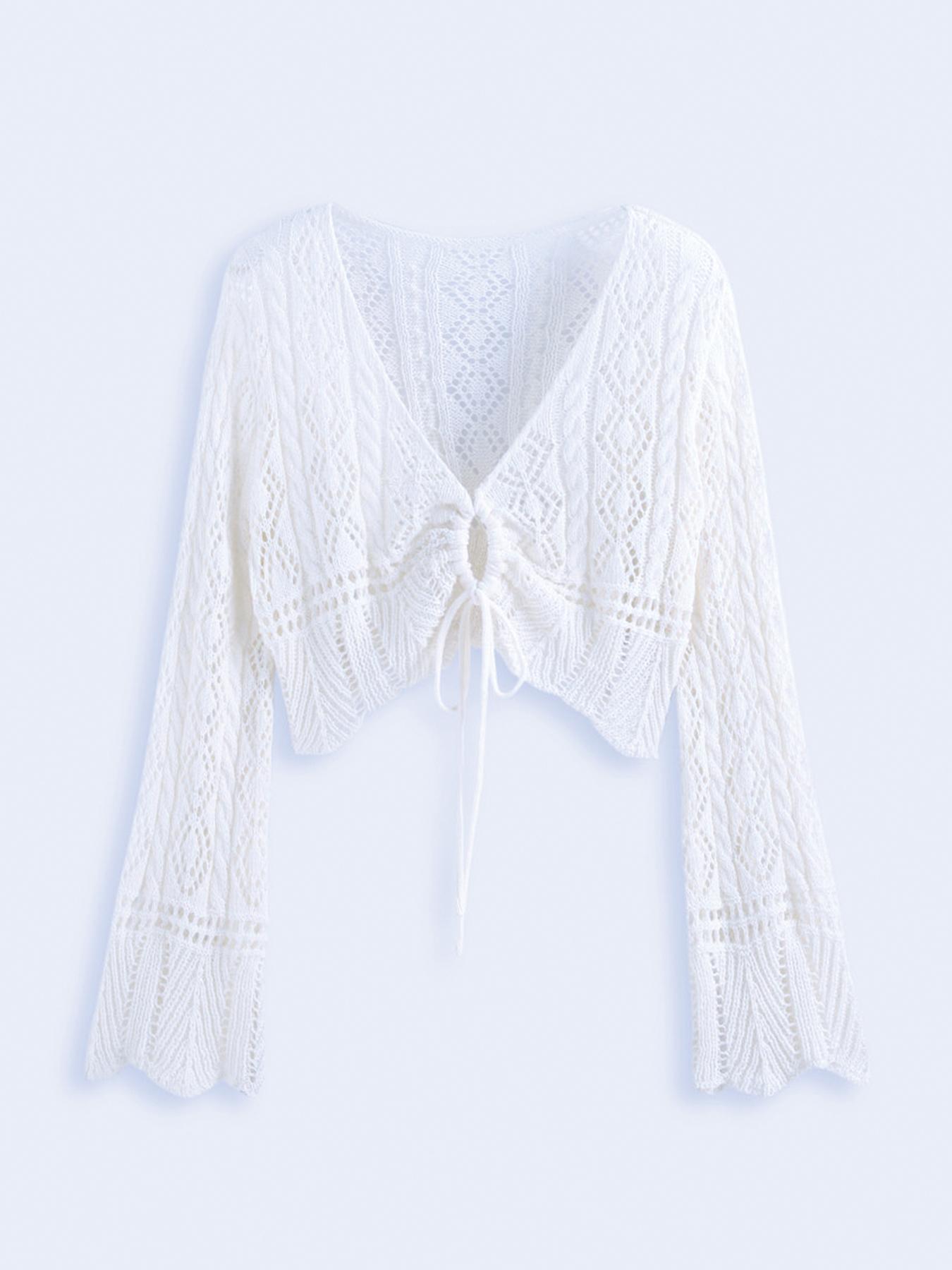 【Plus Size】 Hollow Out Drawstring Sheer Cardigan, Casual Flounce Sleeve V Neck Knitwear Top for Spring & Fall, Women's Plus Clothing for Daily Wear