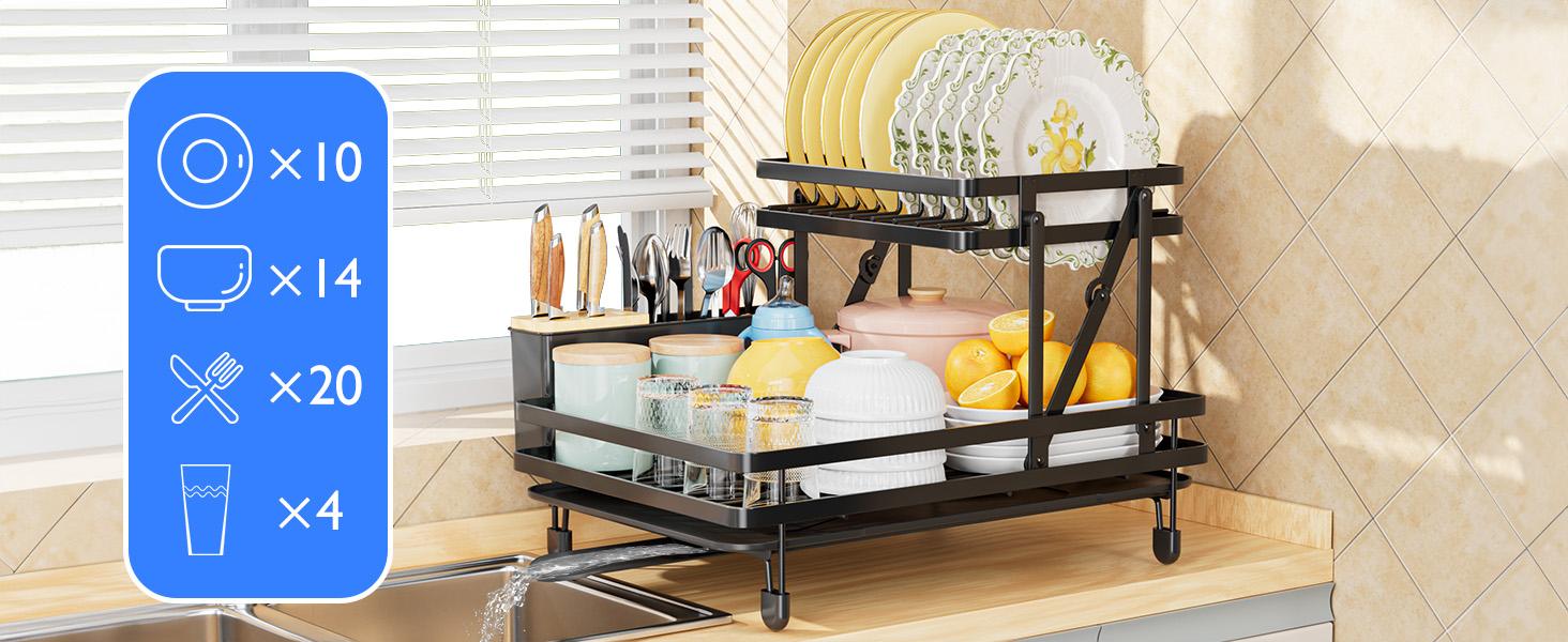 Dish Drying Rack, Collapsible Dish Racks for Kitchen Counter, 2 Tier Durable Dish Drainer with Utensil Holder-Kitchen Drying Rack