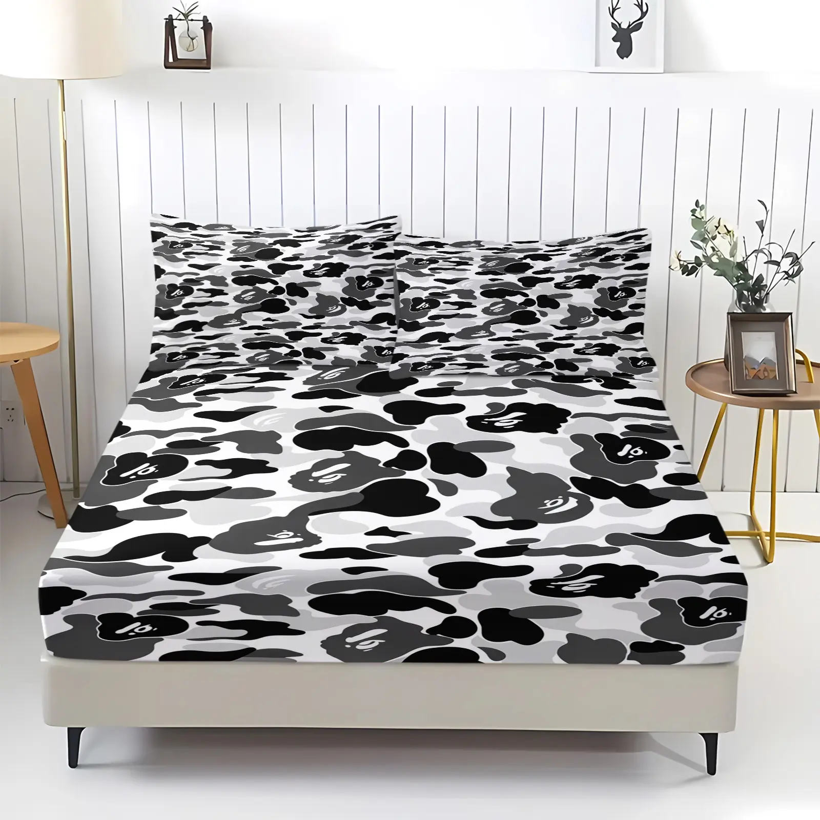 3pcs Camouflage Ape Head Print Fitted Sheet Set, Bedding Sheets, Trendy Street Style, Soft And Breathable Microfiber Bed Sheet, Deep Pocket Design, Suitable For Bedrooms, All Seasons, Includes 2 Pillowcases, Pillow Inserts Not Included.