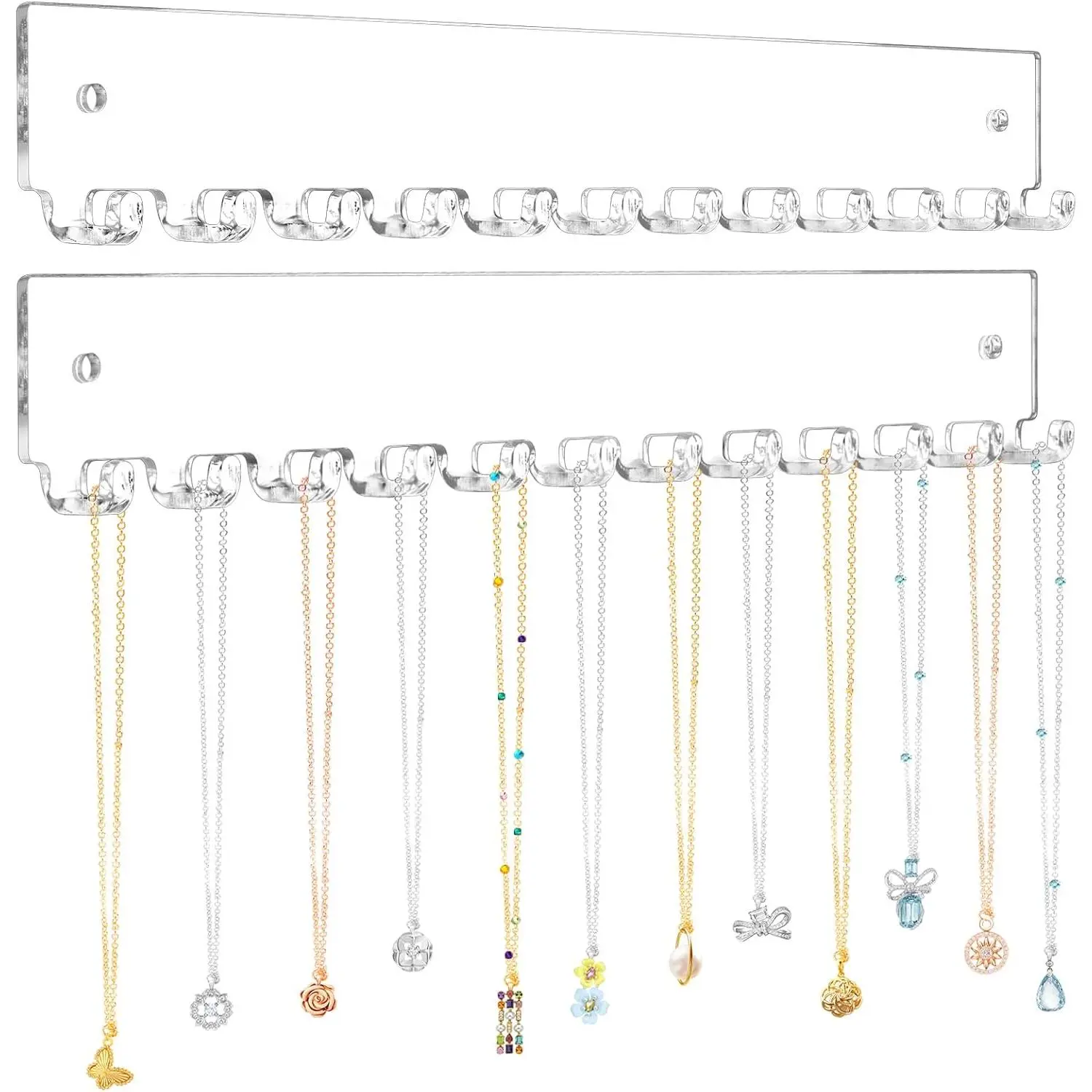 Necklace Holder 2 Pack Wall Mounted Necklace Organizer   Organizer with 12 Hooks for Necklaces, Bracelets, Rings and Bangles Display
