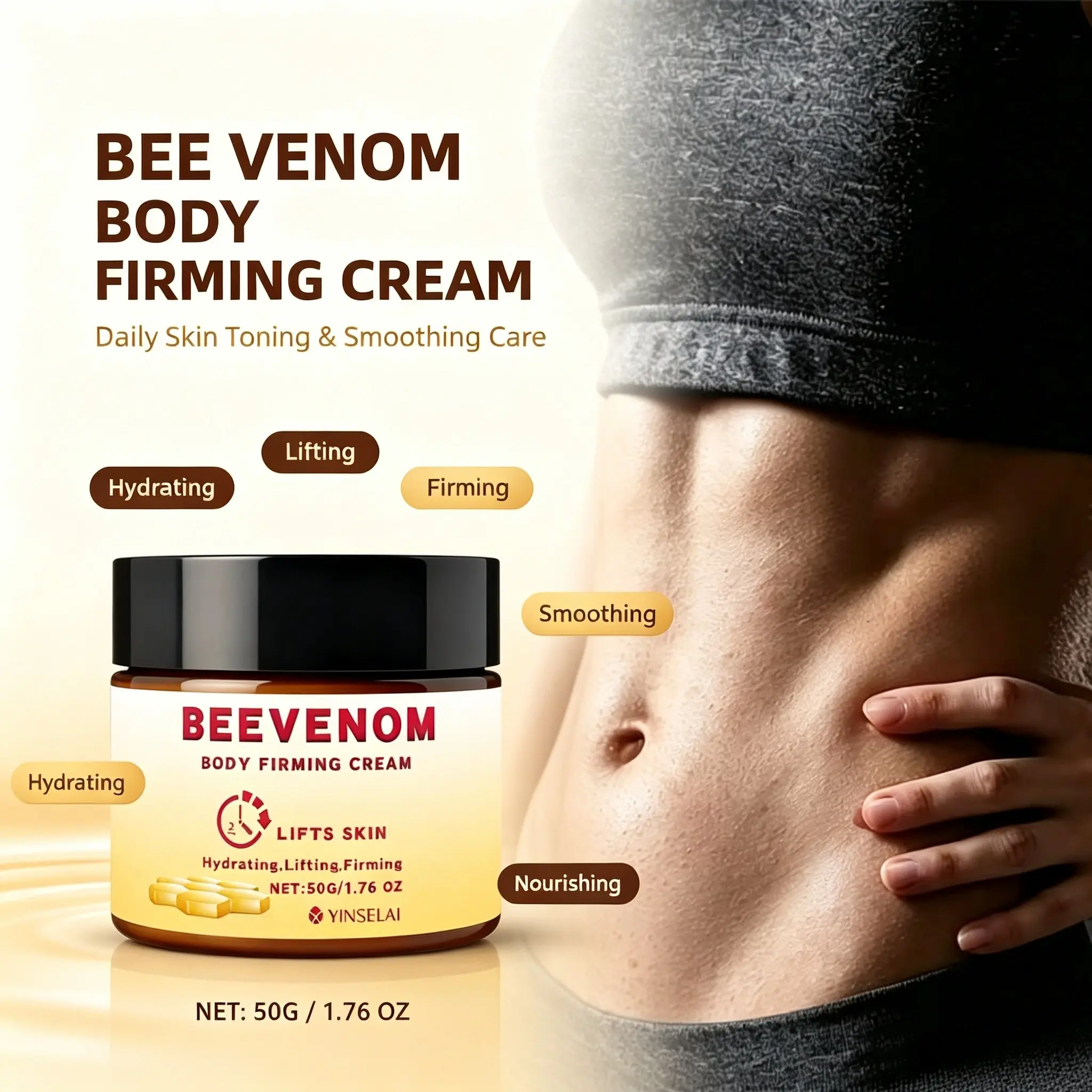 Bee Venom Tummy Firming Cream – Lifts Saggy Belly, Quick-Absorb, Non-Greasy, Smooth, Daily Firming Moisturizer for Waist Area, 50g