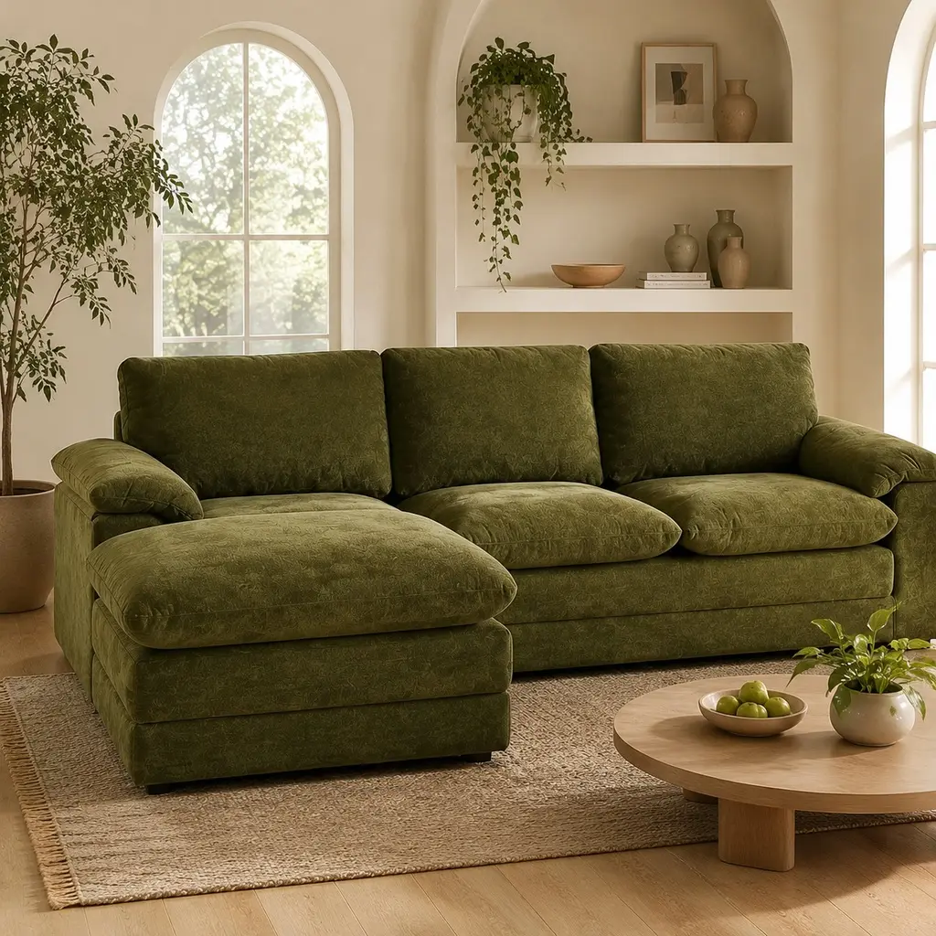 ARCH 3-Seat L-Shape Modular Sectional Sofa with Movable Ottoman, Chenille Cloud Couch, Pillow Top Arms, Pillow Back, Foam Deep Seats, Green Indoor Furniture Sofas for Living Room Apartment, Sofas Living Room