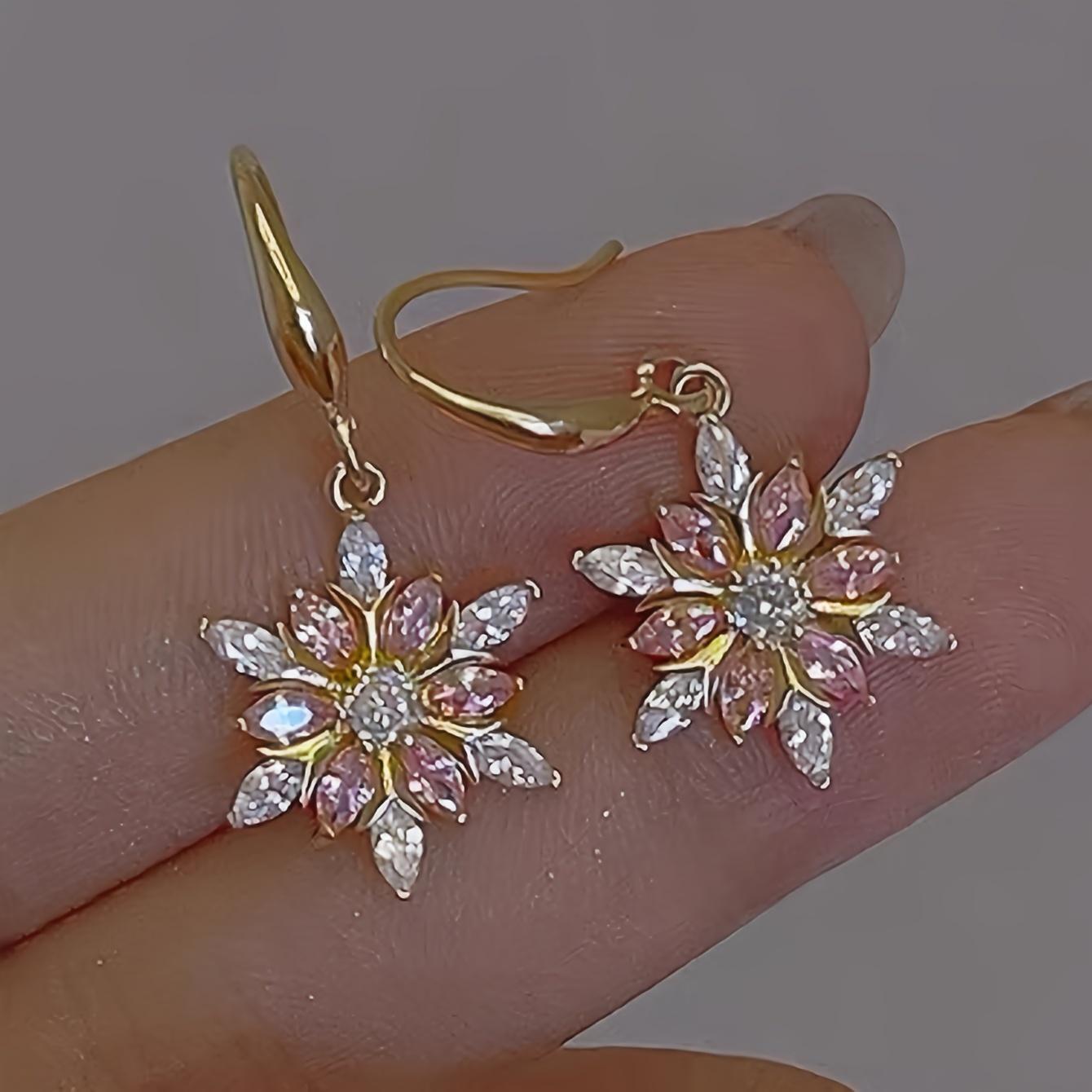 Elegant Snowflake Dangle Earrings With Pink Rhinestones Zinc Alloy Copper Sparkling Jewelry For Women Daily Vacation Wear