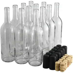 Clear Wine Bottles 750 ml (Pack of 12) w/No.8 Natural Corks & Matte Black Shrink Sleeves | W5 Bordeaux Empty Liquor Bottles | Flint Flat-Bottomed Cork Top Clear Glass Bottle for Wine Making