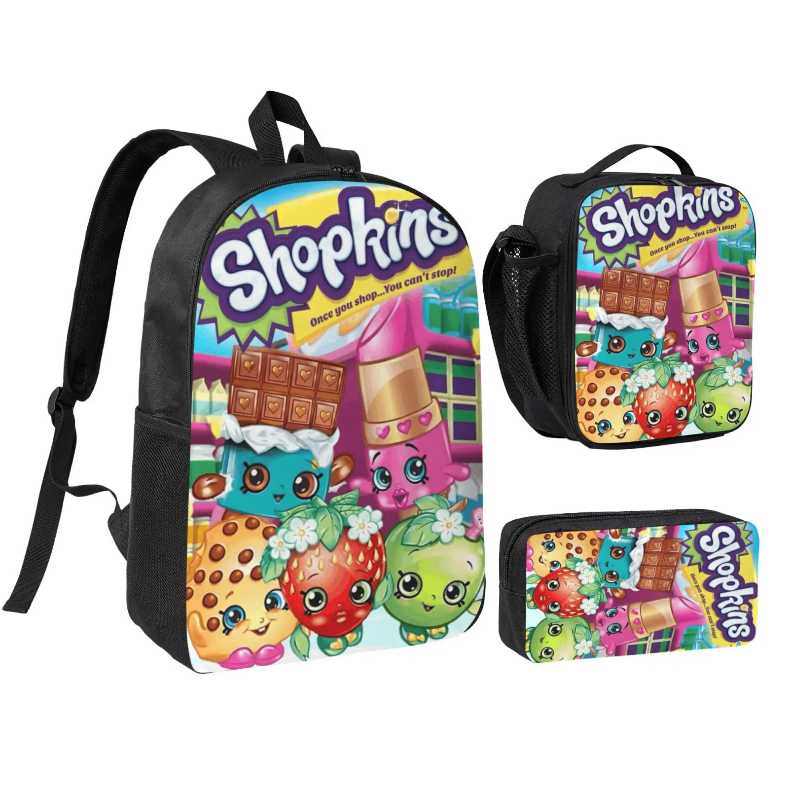 Anime Shopkins3 Kids 3Pcs Multipurpose Teen Backpack Set with Adjustable Shoulder Straps, School Bookbag, Insulated Lunch Box & Pencil Bag for Boys Girls Daily School Travel Office