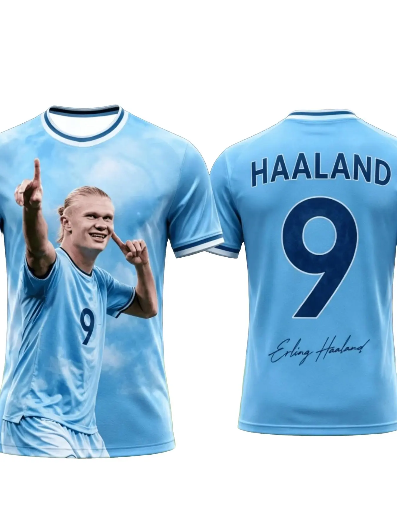 Premier League Manchester City 9 Haaland Fan Jersey, Gradient Sky Blue, 3D Print Design, Loose Fit, Quick Dry, Short Sleeve, All Seasons