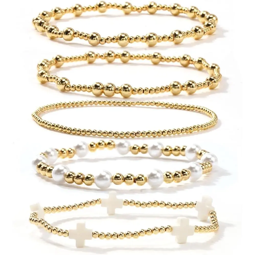 5 count  Plated  Beaded Bracelets Stack Set for Women,Stretch Stackable  Colorful Beads Ball  Friendship Summer Daily Wear Trendy