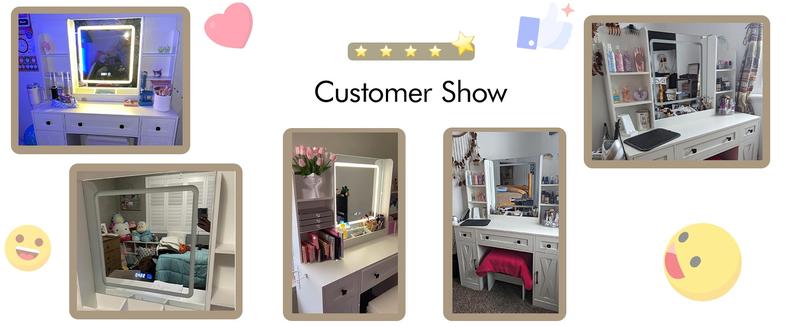 Vabches Makeup Vanity Desk, Vanity Mirror with Lights Desk and Chair, White Vanity Table with Large Storage Drawers and Shelves, Time and Temperature Display, 3 LED Lighting Modes Adjustable, White