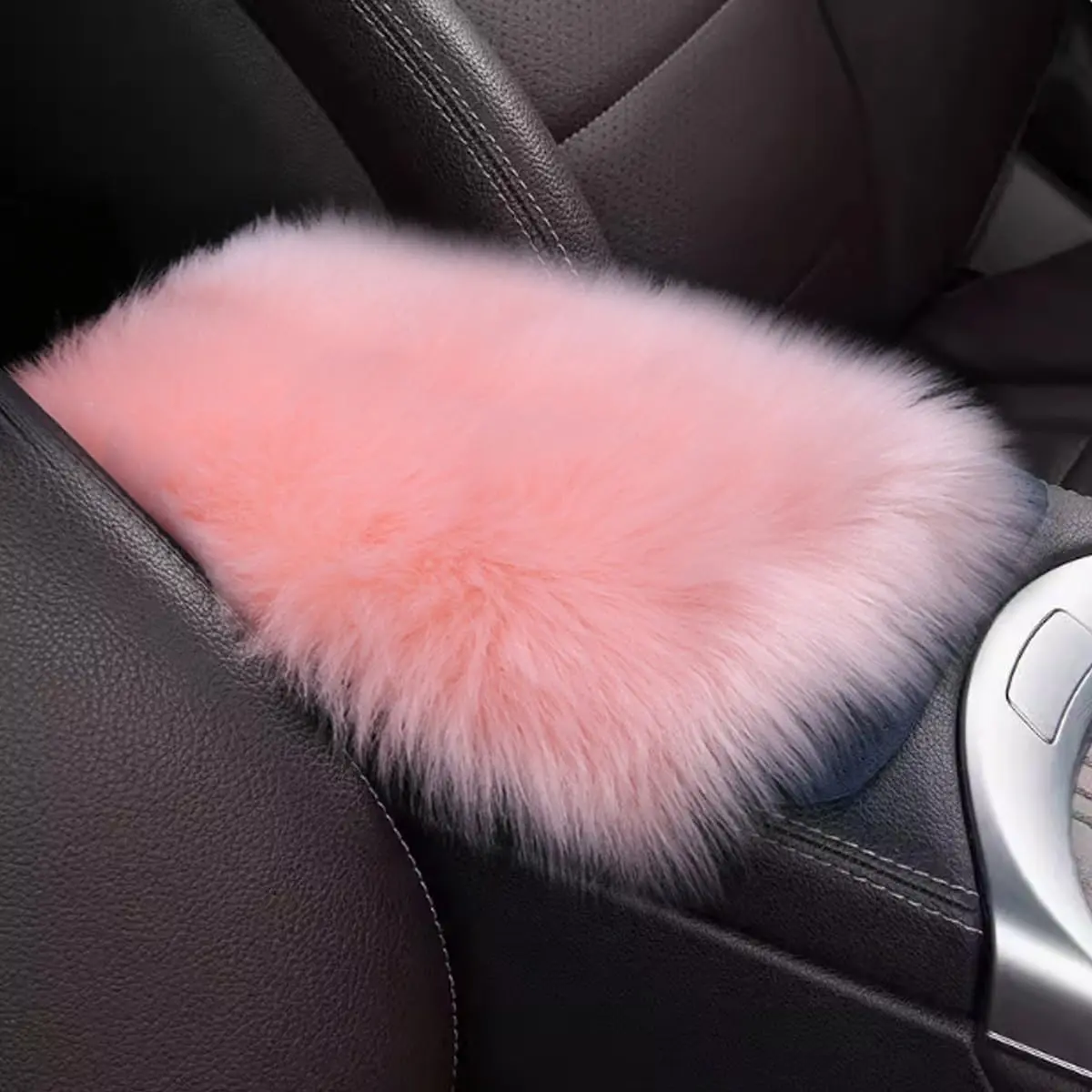 Synthetic Faux Sheepskin Auto Center Console Armrest Cover Pad, 11.81in x 7.87in Protective Cushion with Elastic Bands, Winter Car Interior Accessory for Multi-Vehicle Use