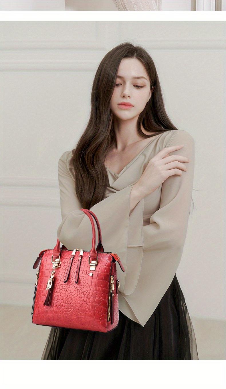 Fashion Crocodile Pattern Women's Handbag 2-piece Set, Women's Shoulder Bag with Tassel Decoration, Metal Cat Pendant Crossbody Bag