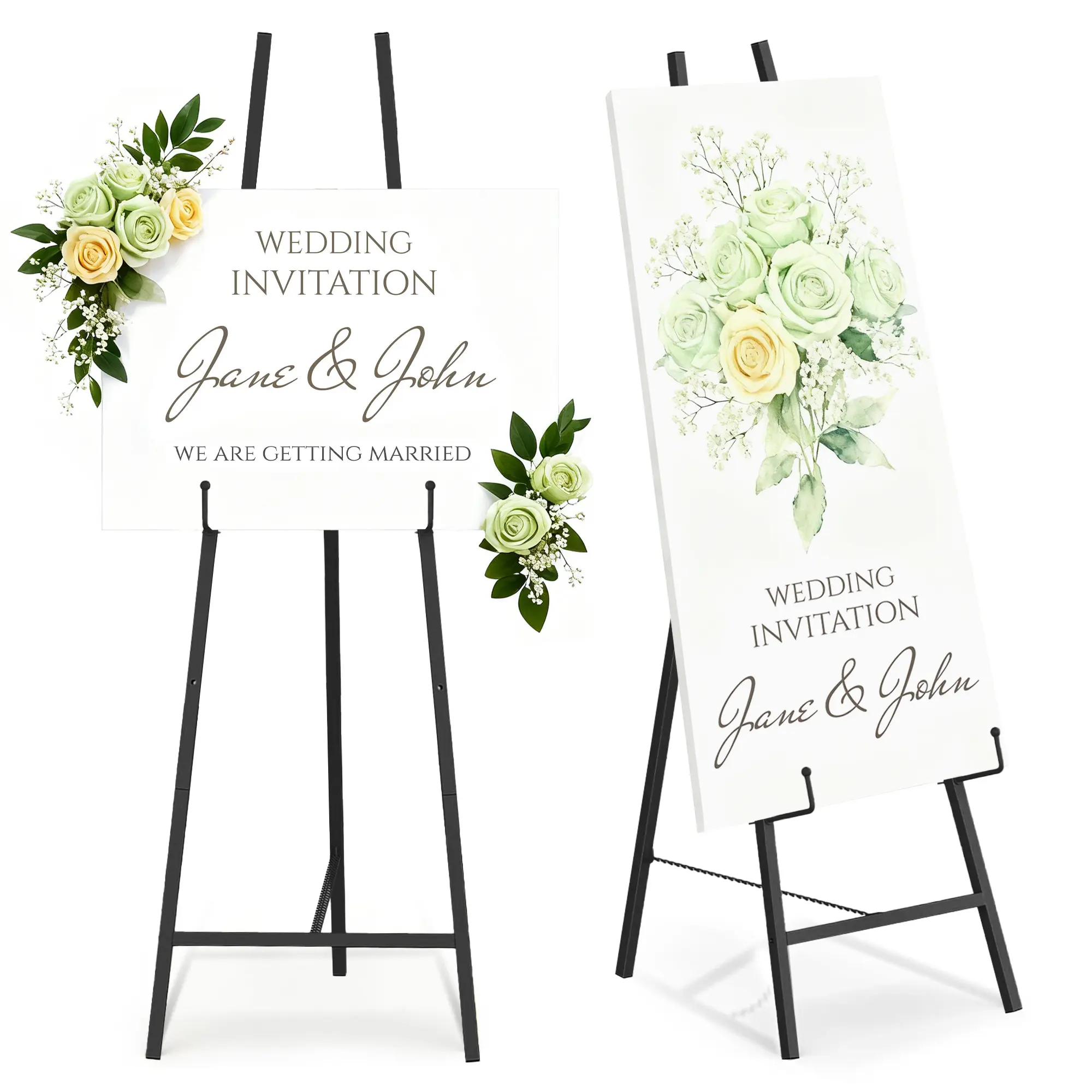 2-Pack Heavy-Duty Metal Easel Stand for Signs, Adjustable Tripod Floor Display with Chain Support for Wedding Welcome Sign, Posters & Paintings, Black