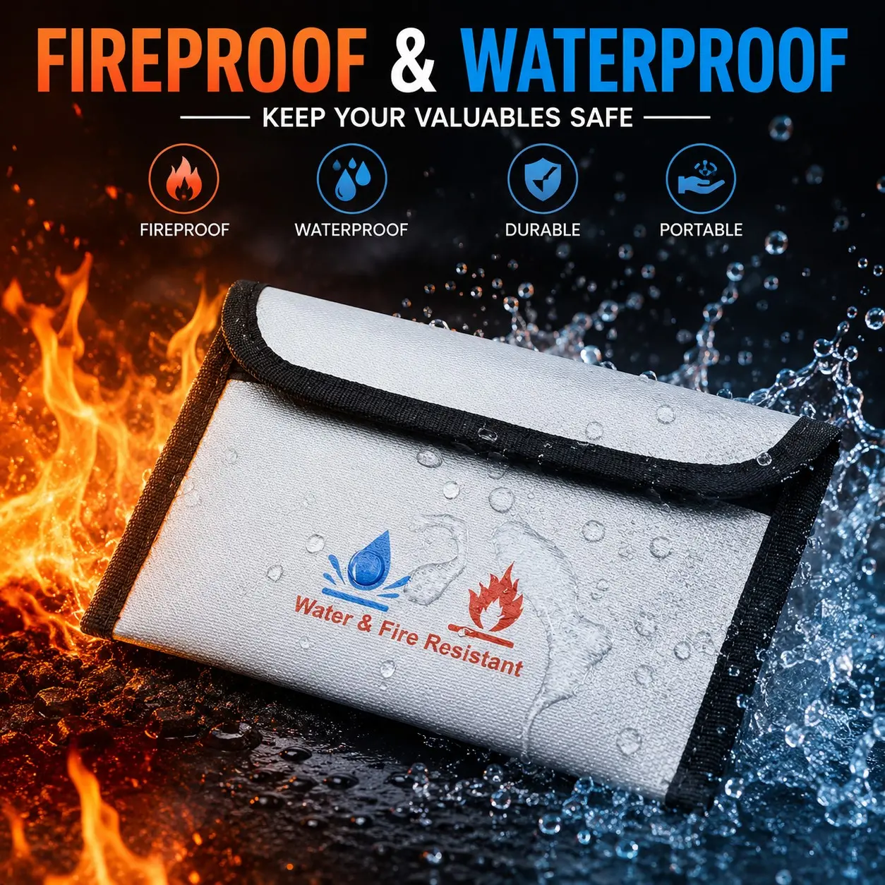 Fireproof Waterproof Document Bag Pouch, Compact Storage for Passport, Cash, Keys, Valuable Items, Travel Essentials, Secure Organizer for Travel and Home Use