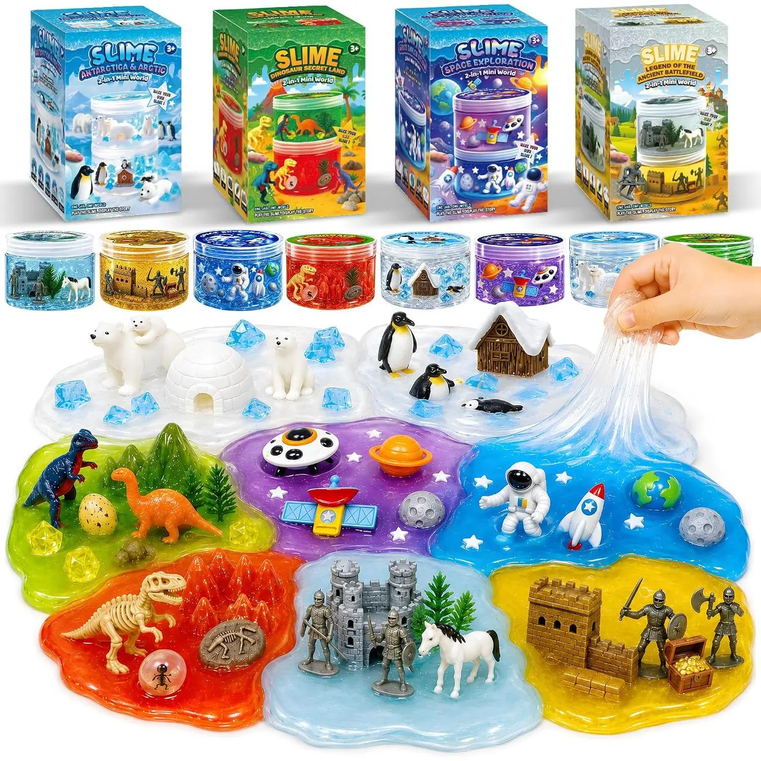 8PCS Big Sensory Crunchy Slime Kit for Kids, Preschool Educational Creative | 8x7oz Slime Tubs, 4 Worlds 8 Themes Mini Figures, Non-toxic, ASTM & CPSIA Certified, Fine Motor Skills, Parties, Classrooms