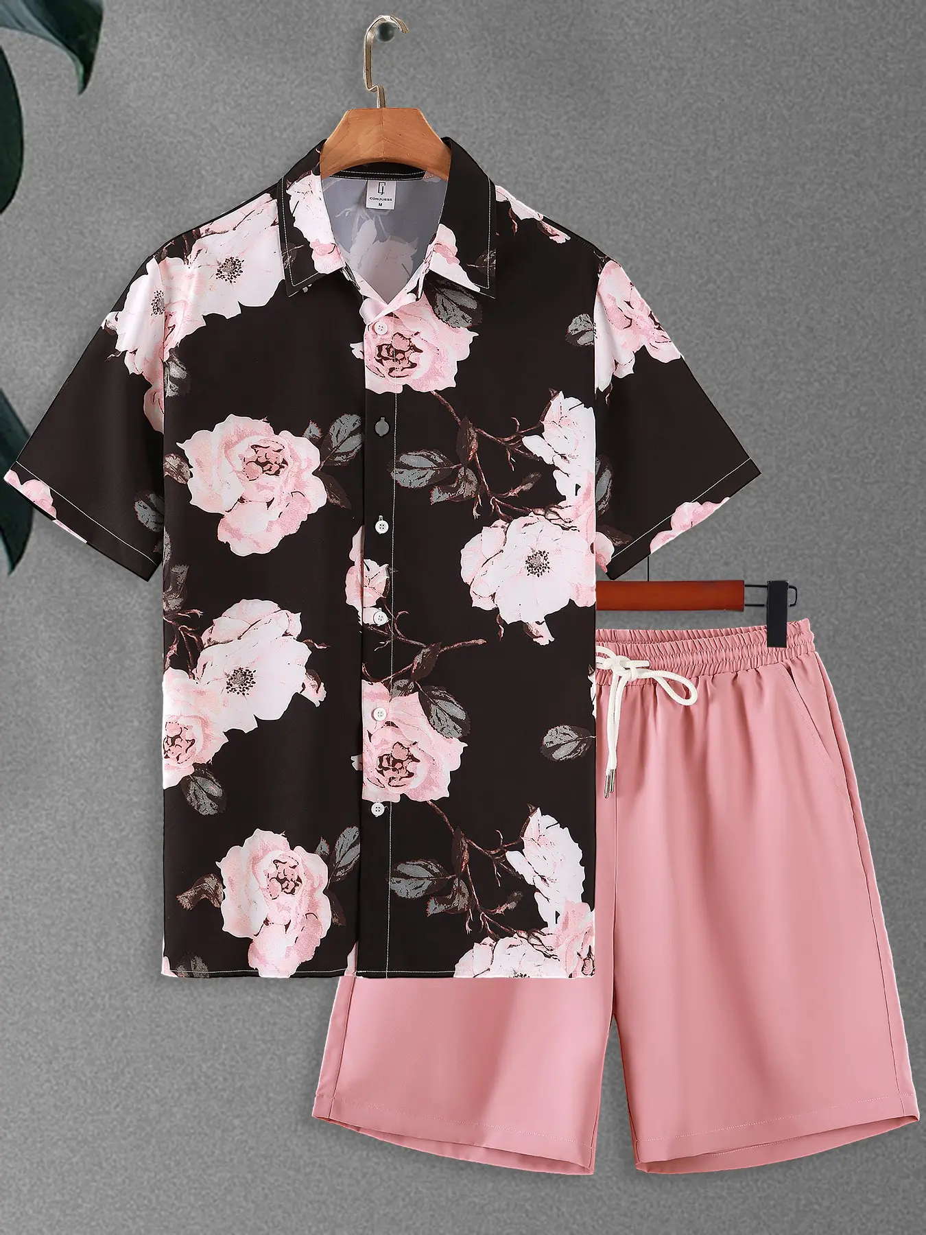 Men 2 Pieces Summer Outfit, Black Background Pink Rose Floral Printed Lapel Short Sleeve Shirt + White Drawstring Elastic Waist Pink Five-Point Shorts, Silky Icy Fabric Beach Vacation Daily Streetwear Home Casual Outfit
