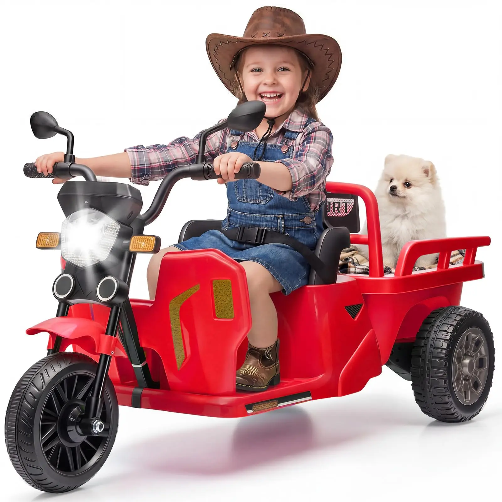 12V Motorcycle, 3-Wheels Electric Tricycle with Trailer, Ride On Tractor Ride on Motorcycle Gift for Boy Girl