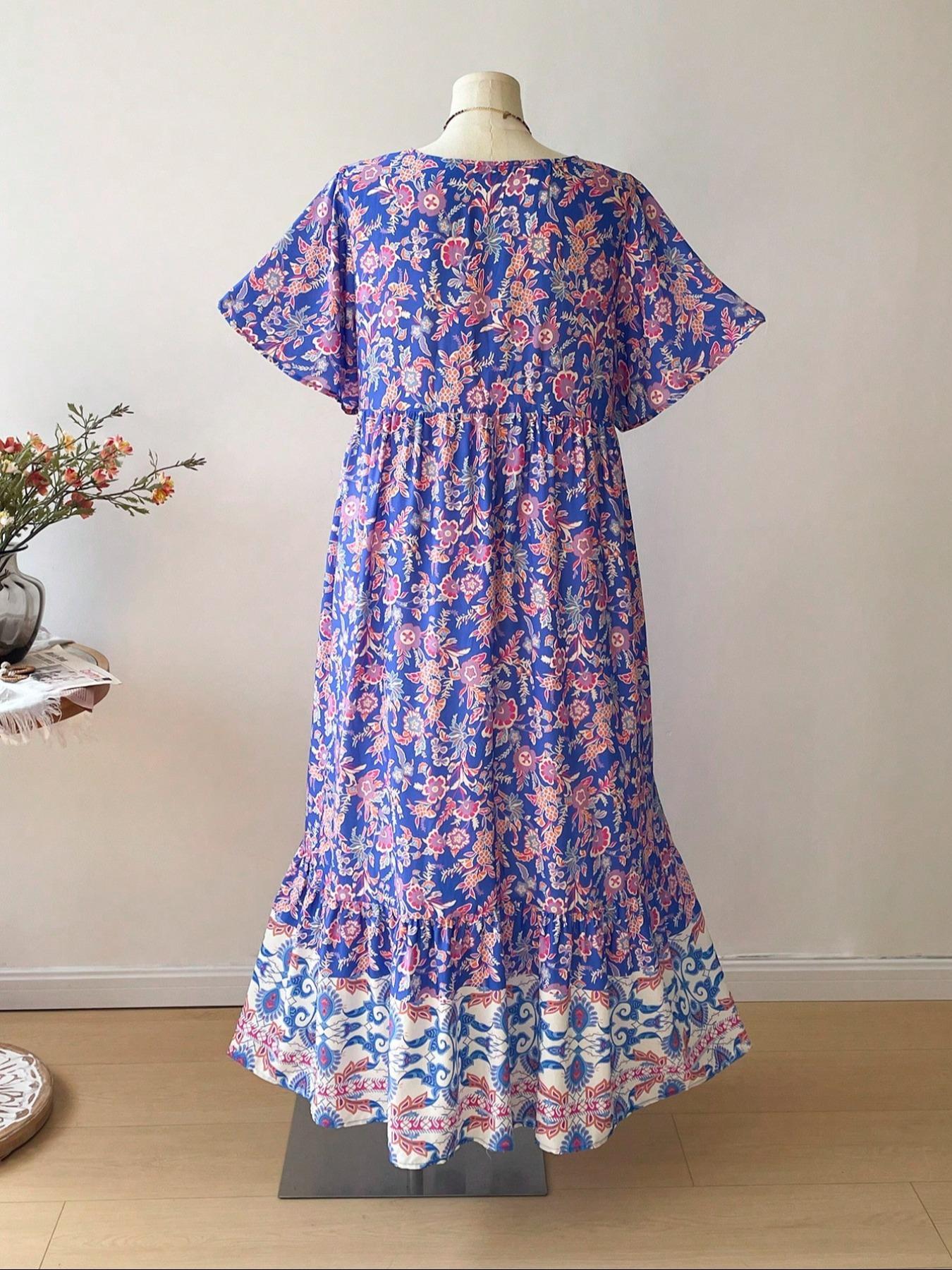 Plus Size Patchwork Floral Print Tie Neck Contrast Lace Ruffle Hem Long Dress, Boho Butterfly Sleeve Smock Dress, Ladies Summer Clothes for Vacation