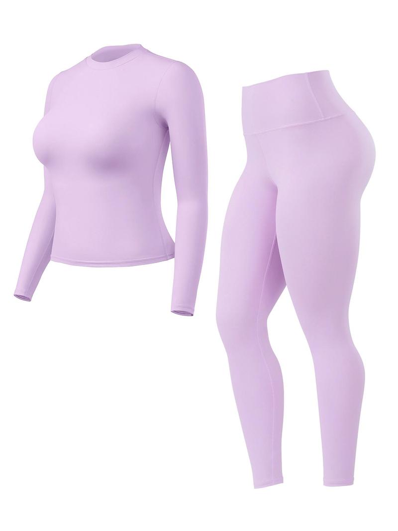 Women's High-Waisted 25'' Inseam Sporty Leggings Set, Long Sleeve Top & Yoga Pants, Elastic Fabric Comfortable Workout Set, Ideal for Gym & Daily Wear, High Stretch Sporty