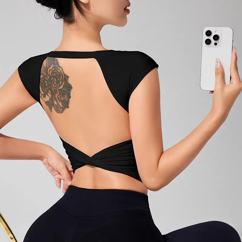 Backless Cut Female Short Top, Quick Drying Cross Back Yoga Vest with Built-in Pads for Gym & Running Workouts, Gym/Yoga/Run, Line Dry, Nylon Weave